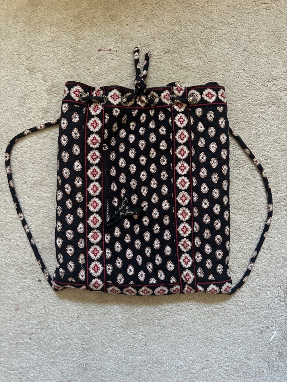 Vera Bradley Black Quilted Drawstring Backpack with Maroon and Cream Accents
